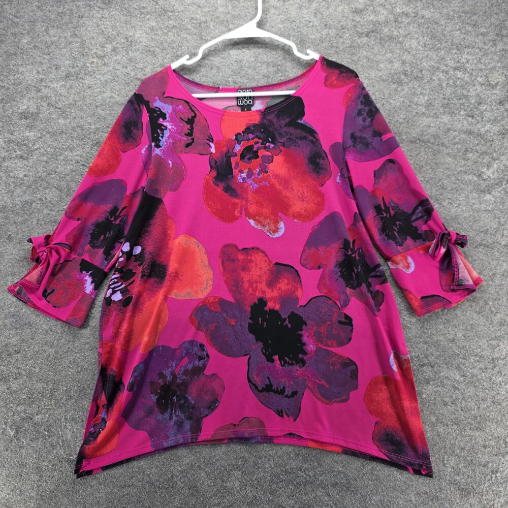 Clara Sunwoo Blouse Tunic Womens S Pink Floral Boat Neck Bell Sleeve Bow Ruffle